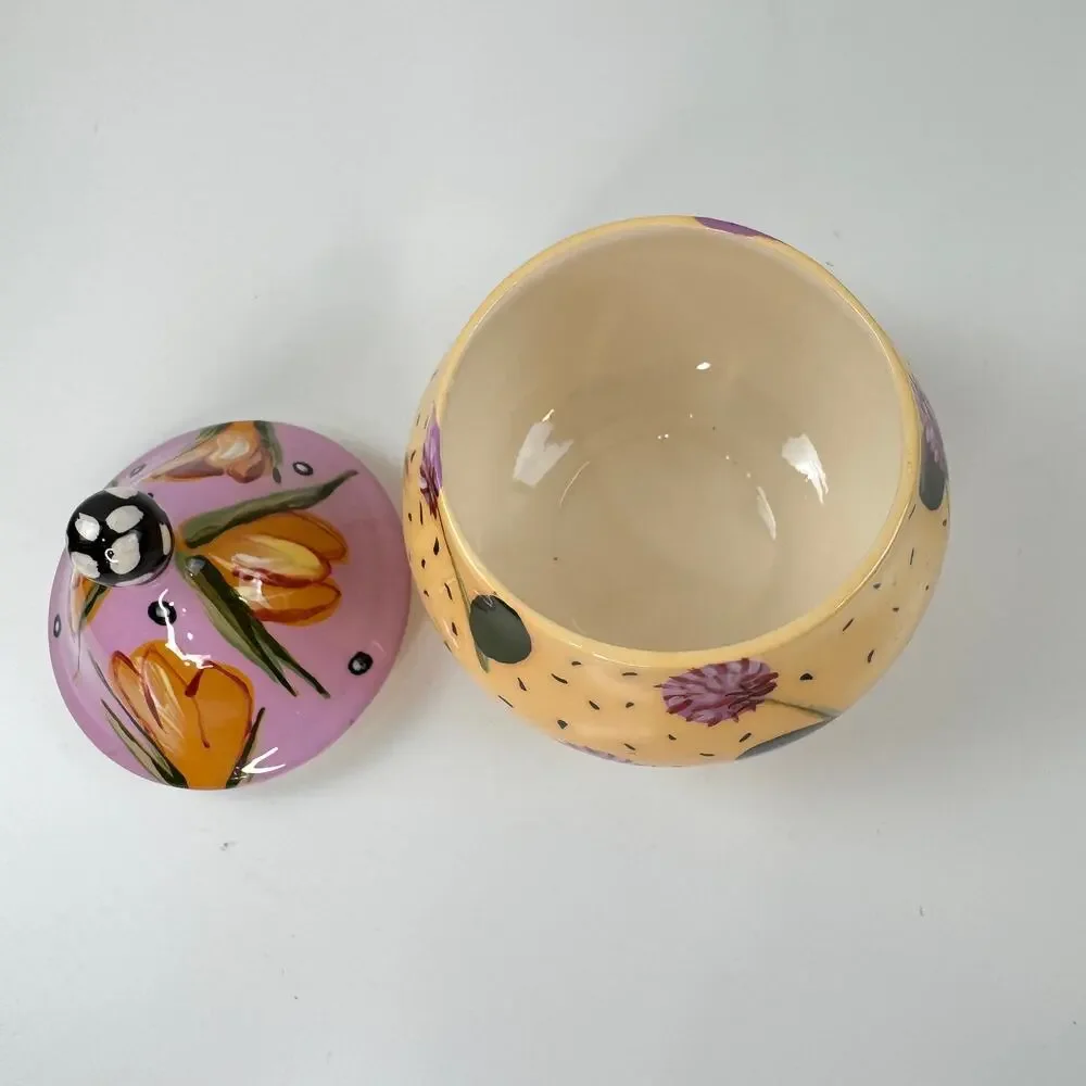 Droll Designs Multi Lidded Sugar Bowl Floral Ceramic Round Hand Painted RARE